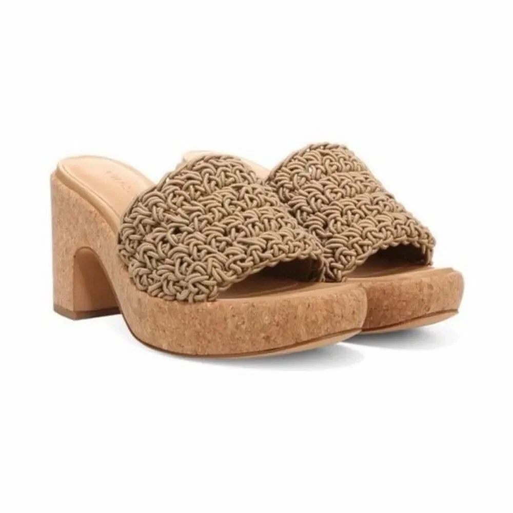 Vince Nicki Crochet Platform Sandals Cork Heel Tan Slide Mule Size 6.5